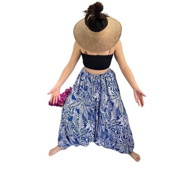 Apau ~ Gender Fluid Aladdin Gypsy Pants Blue White Tropical Floral Leaf Design - Picture 13 of 14